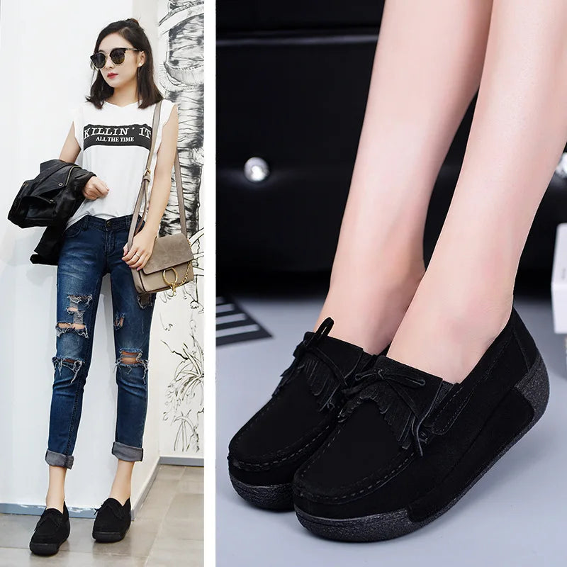 Women Flats Suede Women's Loafers Creepers Women Shoes Slip On Fringe Platform Shoes Women Casual Shoes Ladies Moccasins 56