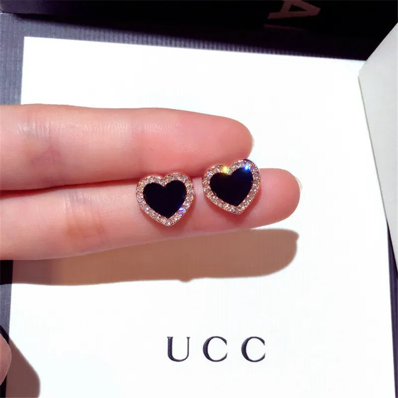 Engagement Enamel Cute Heart Stud Earrings for Women Girls Rose Gold Color Summer jewelry Black Earring Wedding Jewelry  Gifts