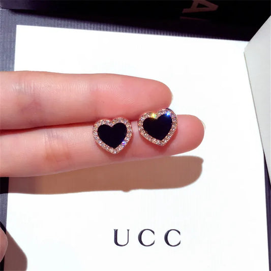 Engagement Enamel Cute Heart Stud Earrings for Women Girls Rose Gold Color Summer jewelry Black Earring Wedding Jewelry  Gifts