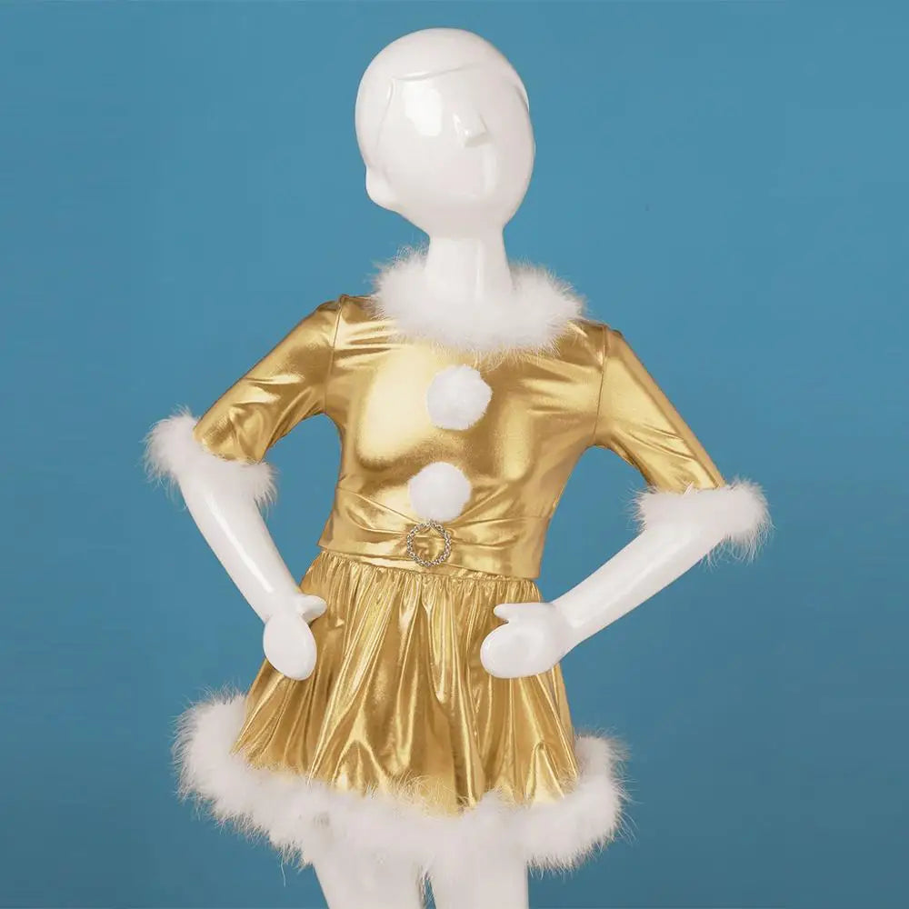 Christmas Clothes Kids Dresses For Girls Shiny Metallic Long Sleeves Christmas Dress Girl Cosplay Carnival Party Dance Costume