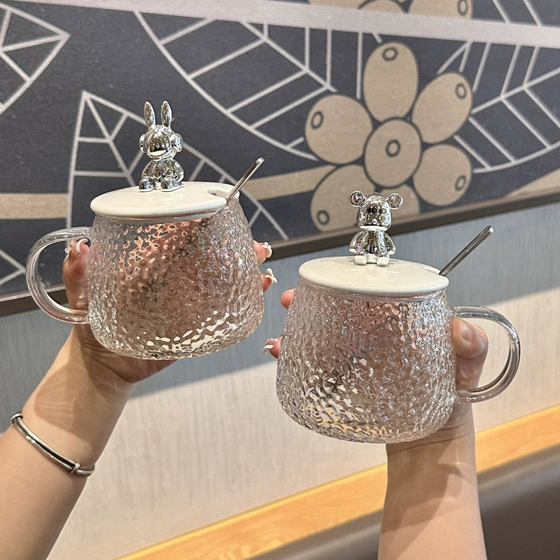 INS Style Cute Heat Resistant Glass Water Cup Girl Good-looking Mug with Cover Spoon Office Coffee and Breakfast Cup