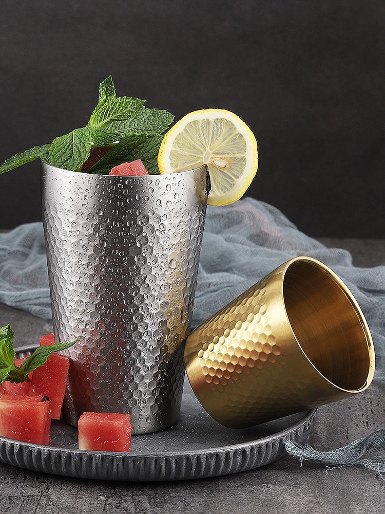 304 Stainless Steel Hammer Pattern Water Cup Double-Layer Anti-Scald Tea Cup Coffee Cup Restaurant Commercial Beer Steins Drink Cup