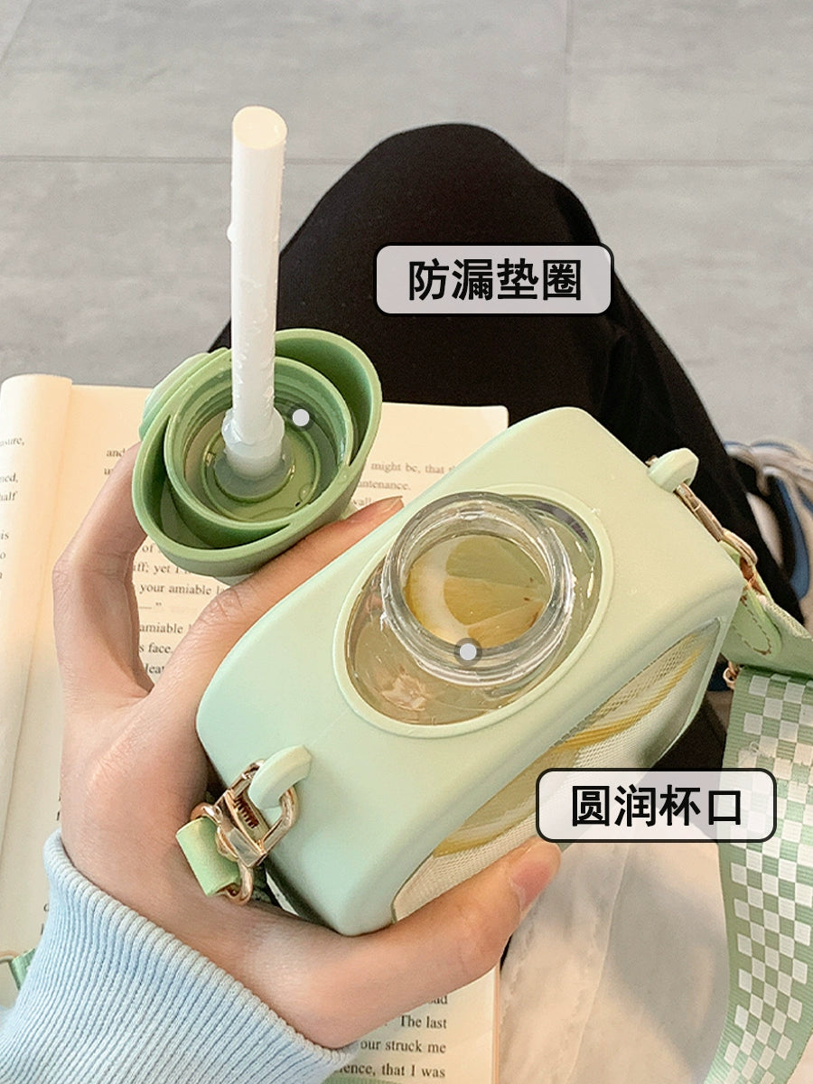 Square Water Cup Good-looking Girls Summer Cute Straw Cup Simple Crossbody Student Girl Adults Portable Cup
