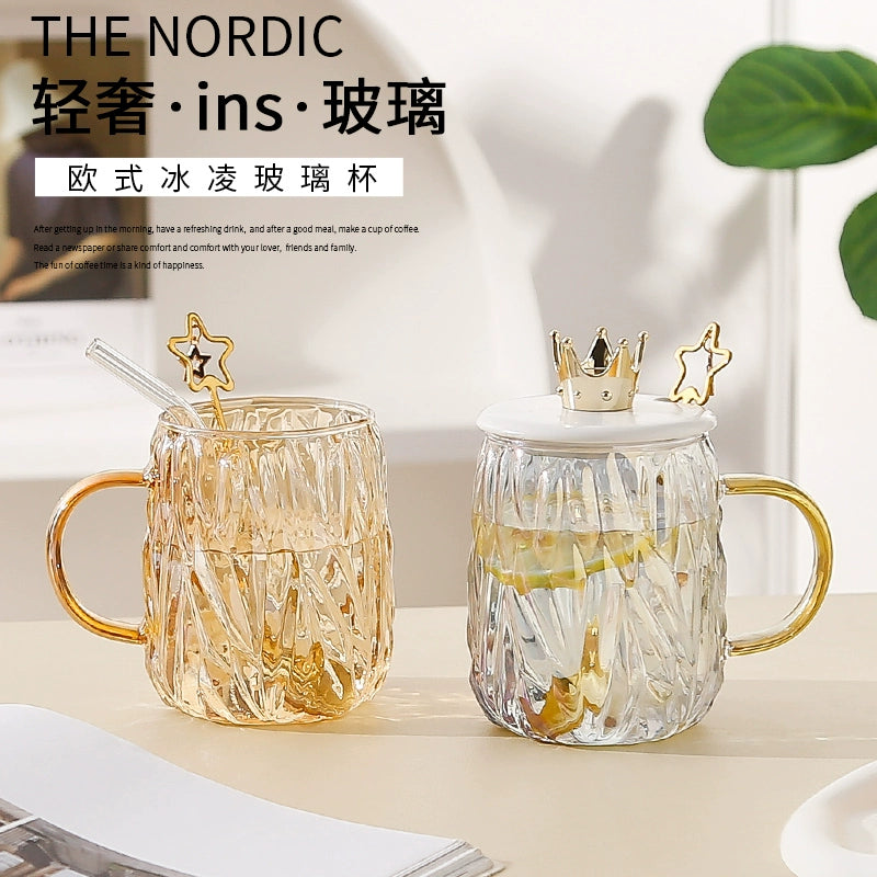 Internet Celebrity Affordable Luxury Style Ins Mug with Cover Spoon Heat-Resistance Glass Drinking Cup Household Office Coffee Cup