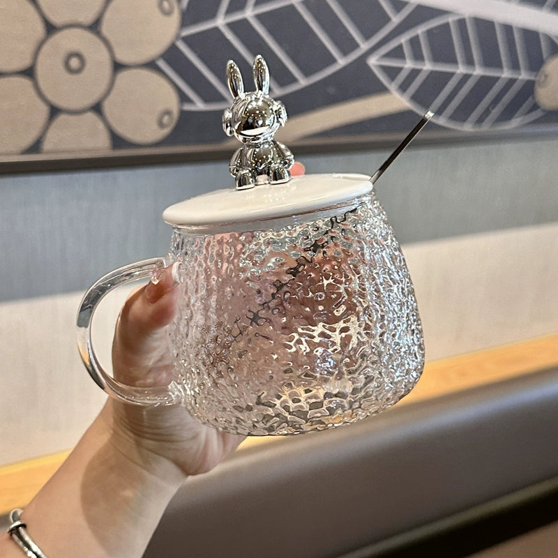 INS Style Cute Heat Resistant Glass Water Cup Girl Good-looking Mug with Cover Spoon Office Coffee and Breakfast Cup