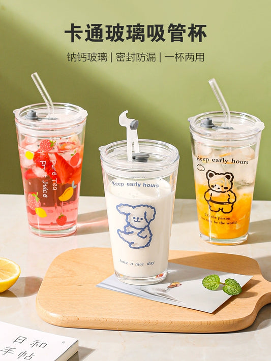 Wheatlife House Straw Glass Cup Women New 2024 Summer Household Drinking Cold Drink Juice Milk Tea Coffee Cup