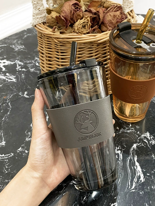Water Cup 2024 New Arrival Female Office Fancy Glass Cup Boys with Straw Coffee Cup Household Good-looking