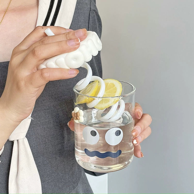 Cute High Borosilicate Cup with Straw Heat Resistant Glass Cute Summer Water Glass Female Milk Juice Student Coffee Cup
