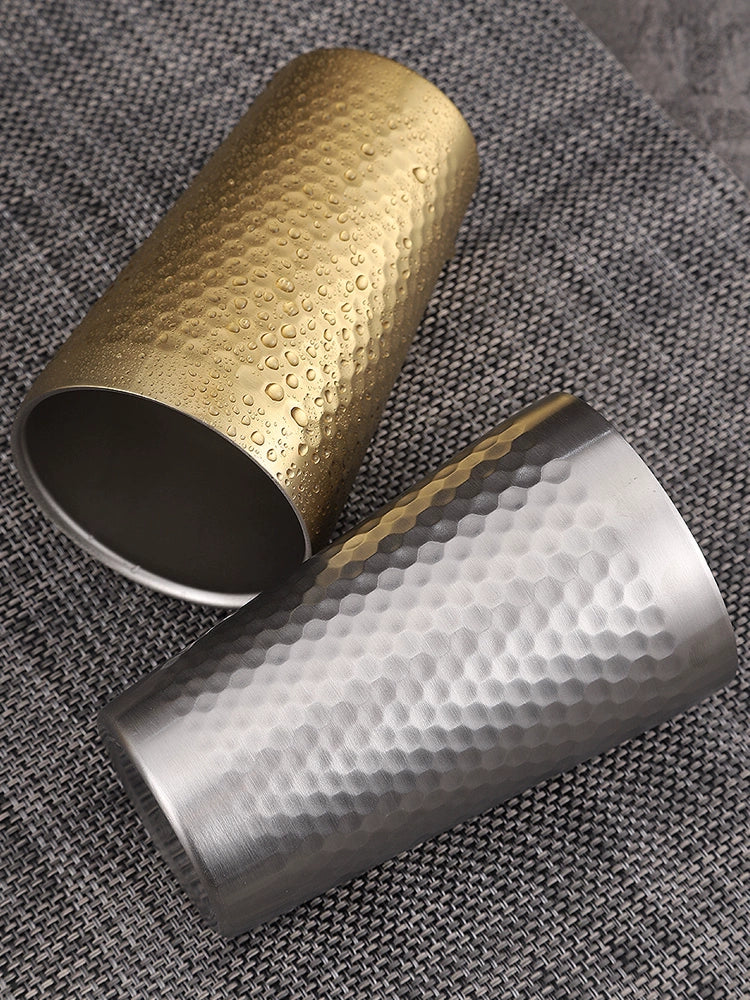 304 Stainless Steel Hammer Pattern Water Cup Double-Layer Anti-Scald Tea Cup Coffee Cup Restaurant Commercial Beer Steins Drink Cup