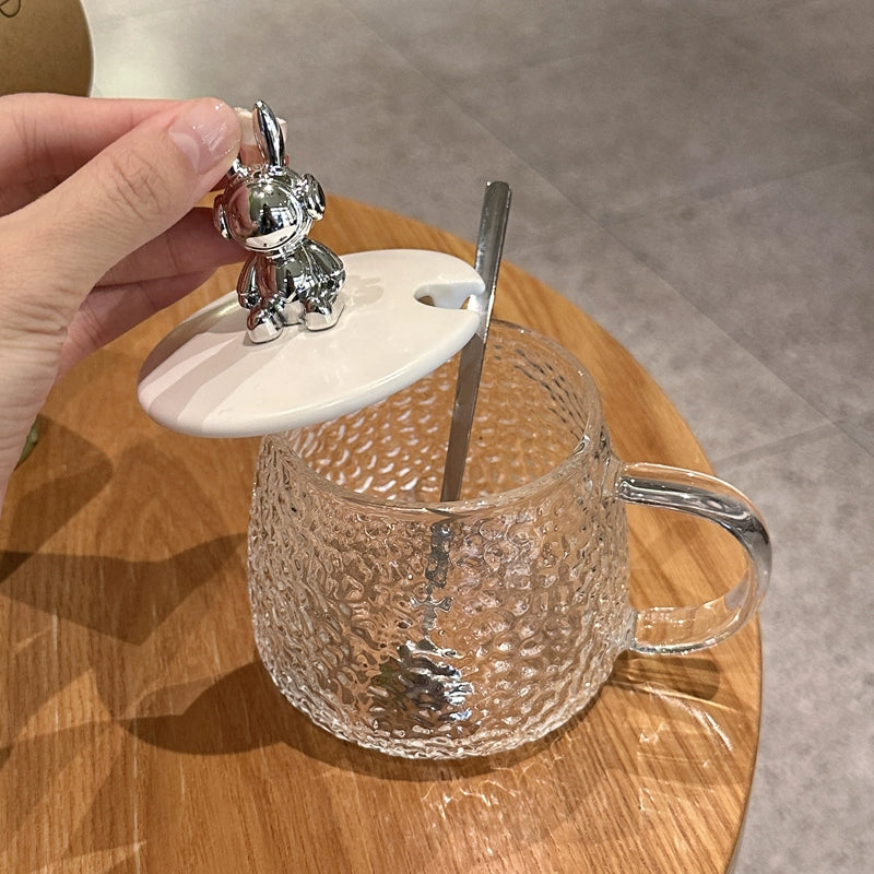 INS Style Cute Heat Resistant Glass Water Cup Girl Good-looking Mug with Cover Spoon Office Coffee and Breakfast Cup