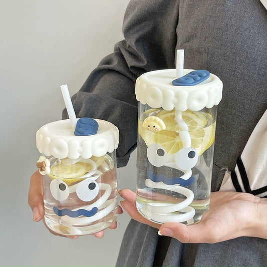 Cute High Borosilicate Cup with Straw Heat Resistant Glass Cute Summer Water Glass Female Milk Juice Student Coffee Cup