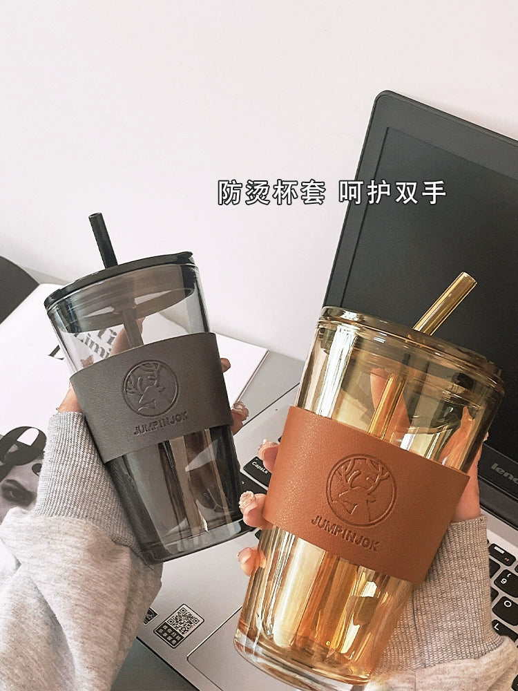 Water Cup 2024 New Arrival Female Office Fancy Glass Cup Boys with Straw Coffee Cup Household Good-looking