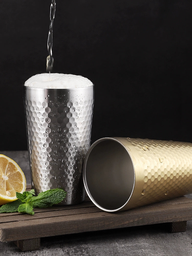 304 Stainless Steel Hammer Pattern Water Cup Double-Layer Anti-Scald Tea Cup Coffee Cup Restaurant Commercial Beer Steins Drink Cup