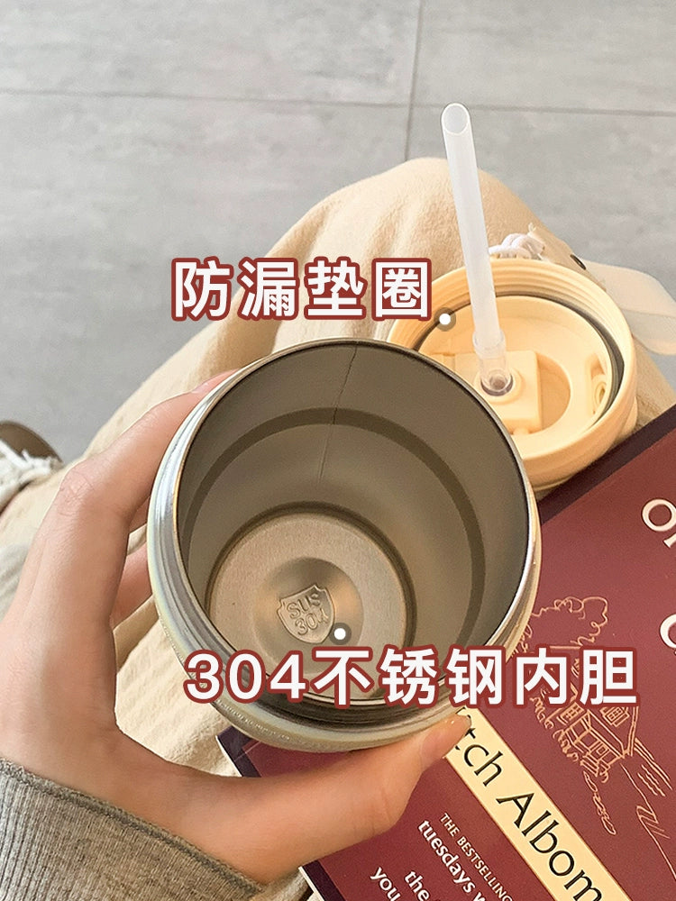 Simple Vacuum Cup Women 2023 New Straw Water Cup Women Good-looking Portable Student Coffee Cup Accompanying Cup