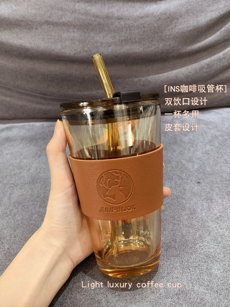 Water Cup 2024 New Arrival Female Office Fancy Glass Cup Boys with Straw Coffee Cup Household Good-looking