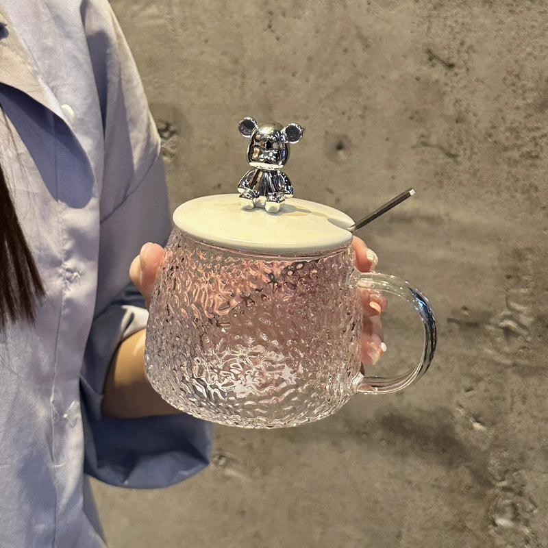 INS Style Cute Heat Resistant Glass Water Cup Girl Good-looking Mug with Cover Spoon Office Coffee and Breakfast Cup