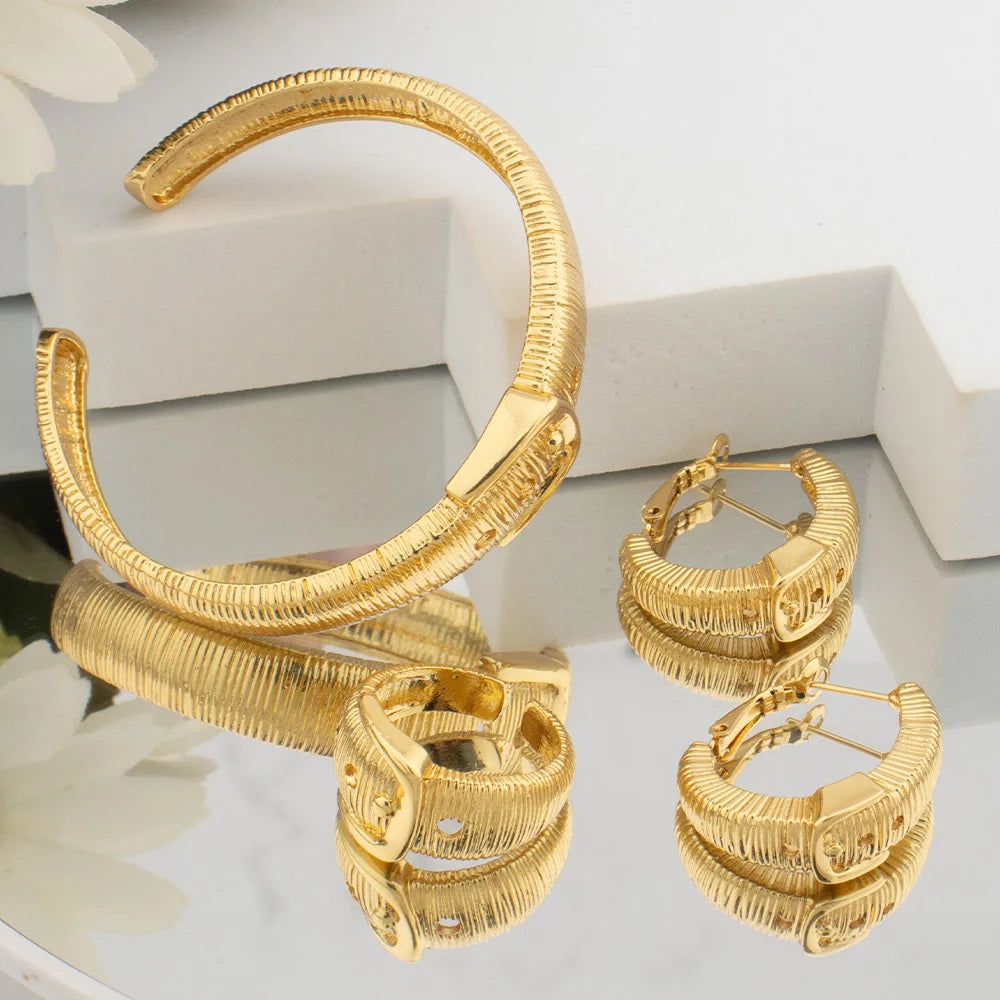 Bangle Italy France Women Bracelet Ring Copper Earrings Luxury Dubai Gold Plated Adjustable Ring Exquisite Wedding Jewelry
