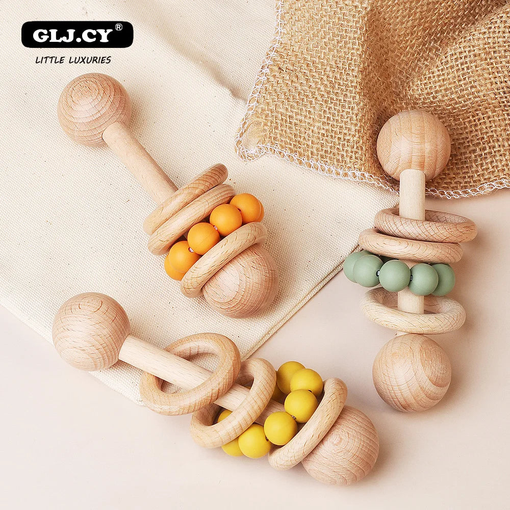 1pc Baby Toys Beech Wooden Rattle Hand Bells Toys Of Newbron Montessori Educational Toys Mobile Rattle Wooden Ring Baby Products