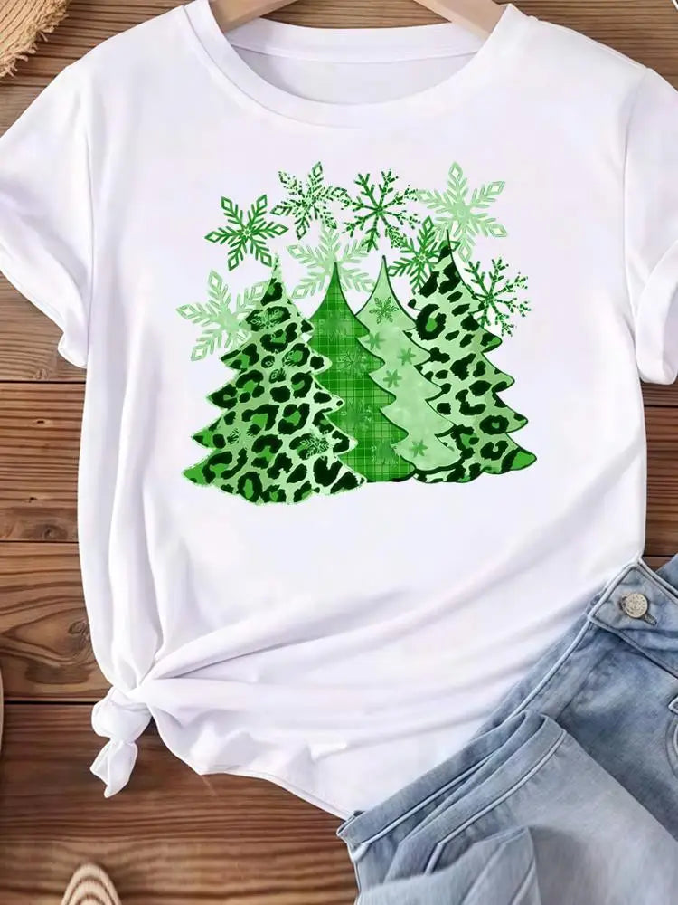 Christmas Clothes Holiday Printed Fashion New Year Women T Shirts Watercolor Tree Cute Top Merry Tees Clothing Graphic T-shirts