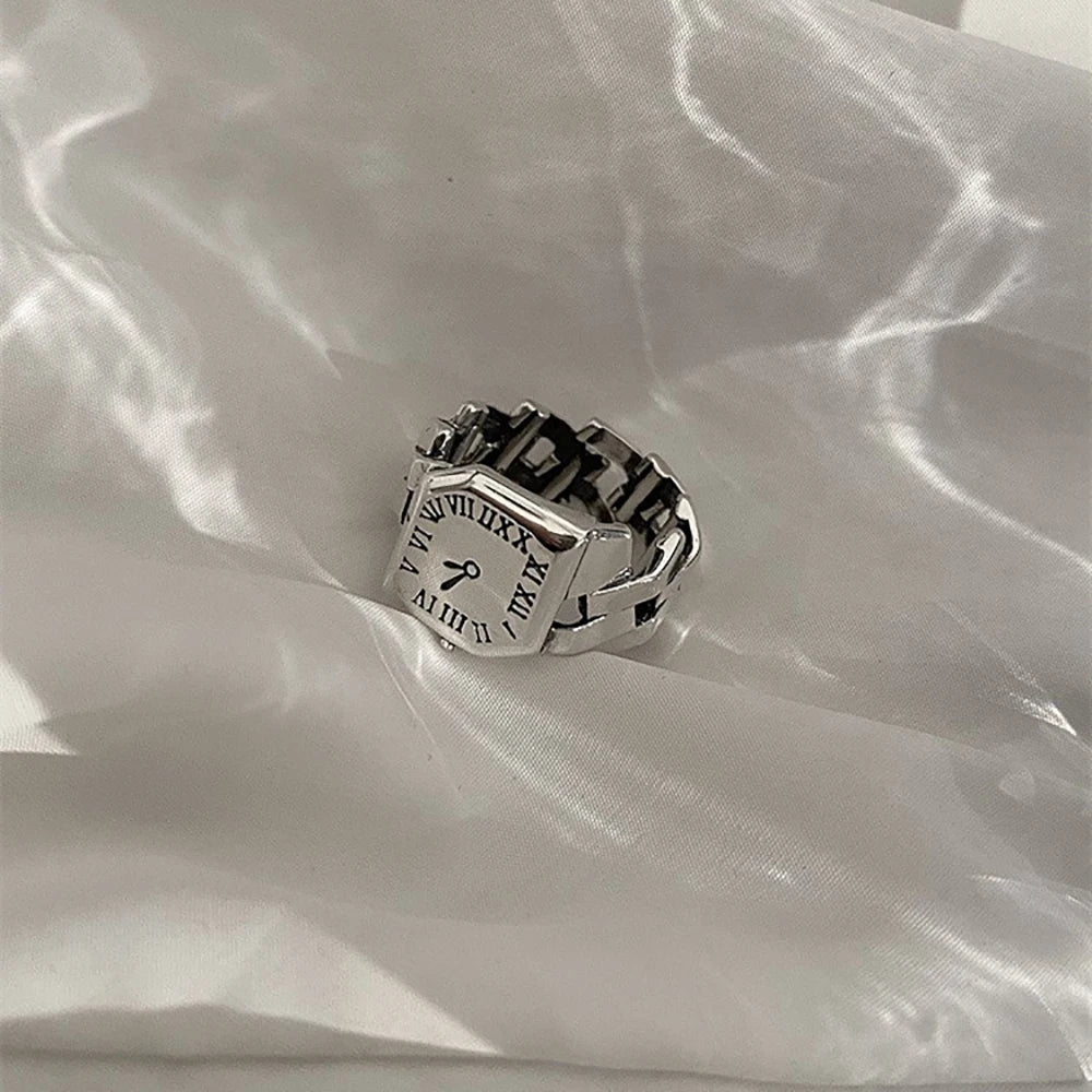 2023 Korean Silver Colour Roman Numeral Ring Vintage Fashion Clock Woman Open Ring Party Gift
