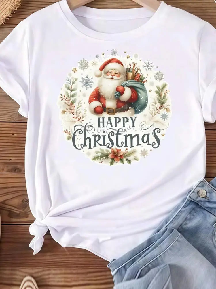 Christmas Clothes Holiday Printed Fashion New Year Women T Shirts Watercolor Tree Cute Top Merry Tees Clothing Graphic T-shirts