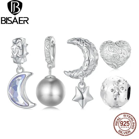 BISAER 100% 925 Sterling Silver Moon Star Charm Bead Floral Pattern Safety Chain Fit Woman DIY Bracelet Fine Jewelry ECC2619