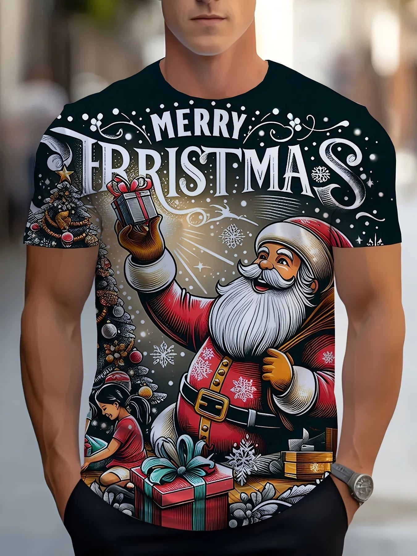 Christmas men's shirt, snow train scene printed t-shirt, soft and durable fabric, fashionable and casual Christmas clothing