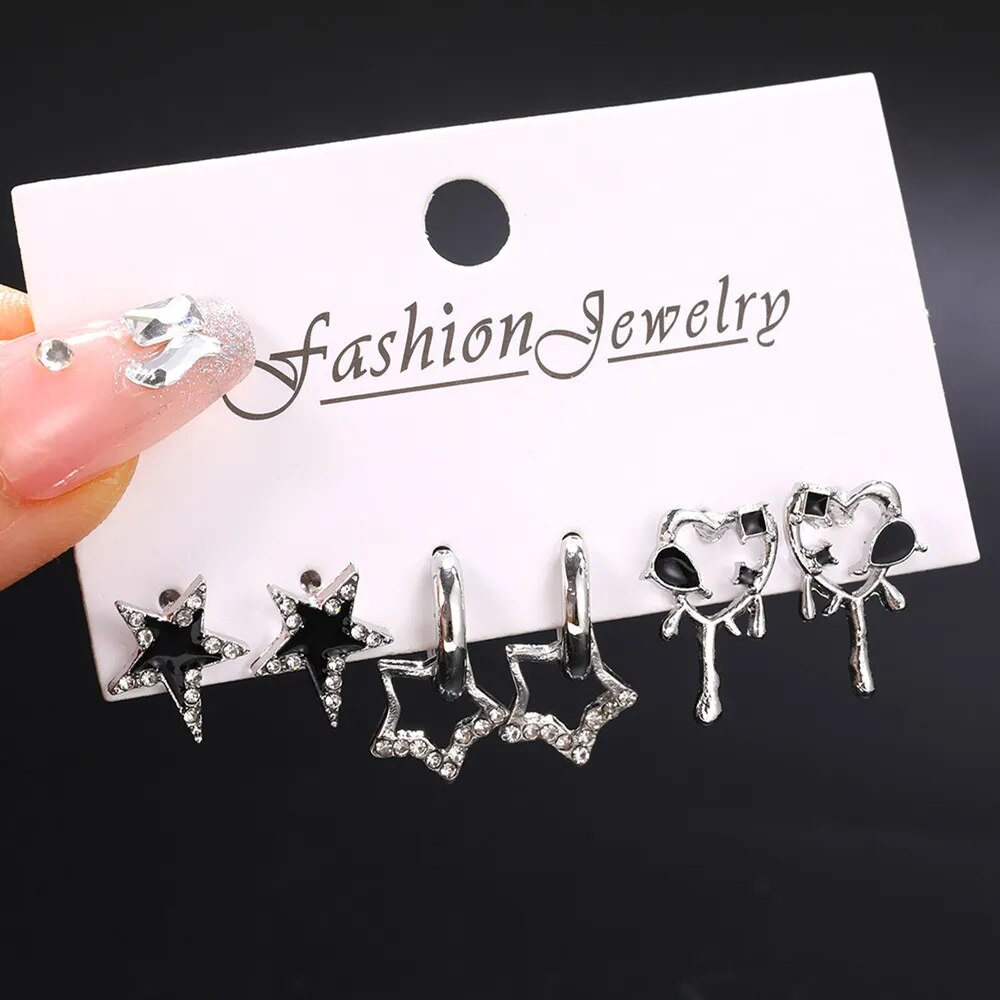 Goth Black Butterfly Crystal Star Earring Set For Women Girl Vintage Aesthetic Heart Stud Earring Trendy Y2K Jewelry Accessories