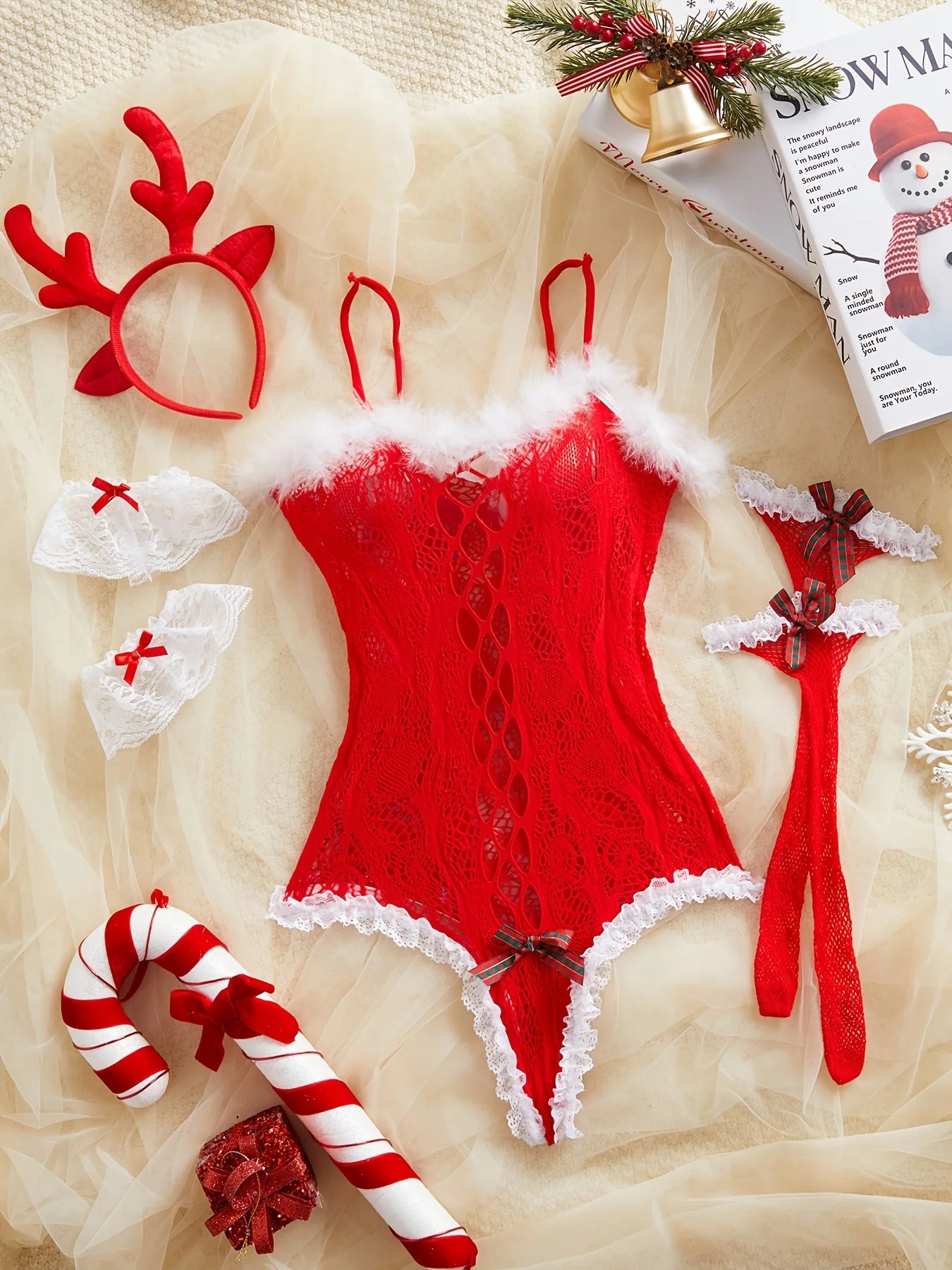 [Christmas] Sexy Red Lingerie/ Elegant Bodysuit with Bow Detail - No Padding, Perfect for Christmas and Holiday Parties, Festive