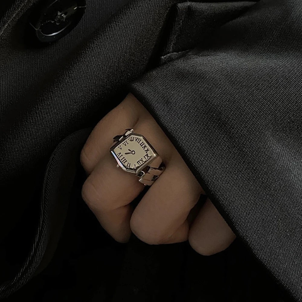 2023 Korean Silver Colour Roman Numeral Ring Vintage Fashion Clock Woman Open Ring Party Gift