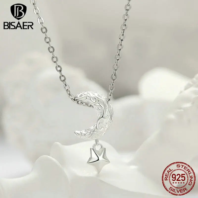 BISAER 100% 925 Sterling Silver Moon Star Charm Bead Floral Pattern Safety Chain Fit Woman DIY Bracelet Fine Jewelry ECC2619