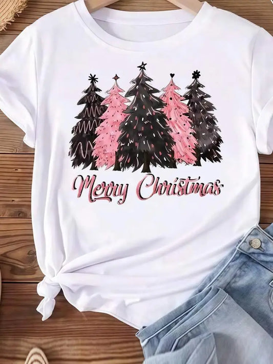 Christmas Clothes Holiday Printed Fashion New Year Women T Shirts Watercolor Tree Cute Top Merry Tees Clothing Graphic T-shirts