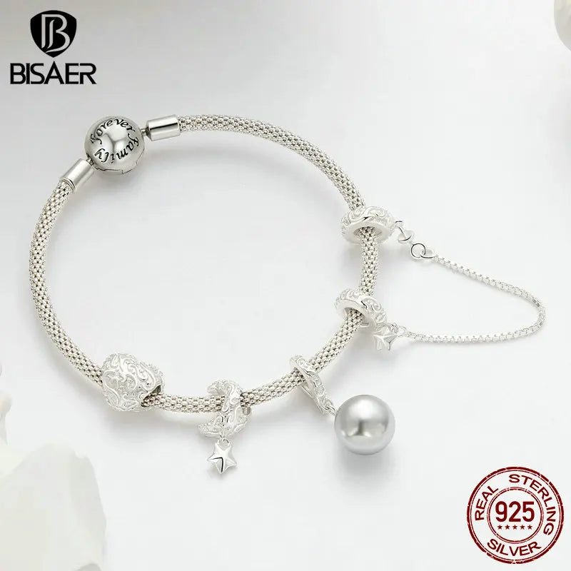 BISAER 100% 925 Sterling Silver Moon Star Charm Bead Floral Pattern Safety Chain Fit Woman DIY Bracelet Fine Jewelry ECC2619