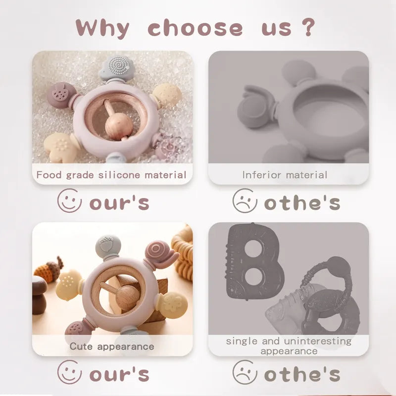 Let's Make 1PC Silicone Teether Baby Rudder Shape Wooden Teether Ring Kid Gift BPA Free Silicone Children Goods Kid Teething Toy