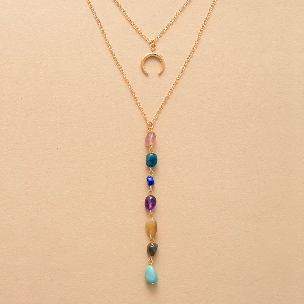 High End Natural Stones 7 Chakra Gold Plated Chain Heart Pendant Chokers Necklace Minimalist Women Spiritual Layered Jewelry