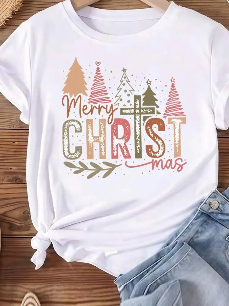 Christmas Clothes Holiday Printed Fashion New Year Women T Shirts Watercolor Tree Cute Top Merry Tees Clothing Graphic T-shirts