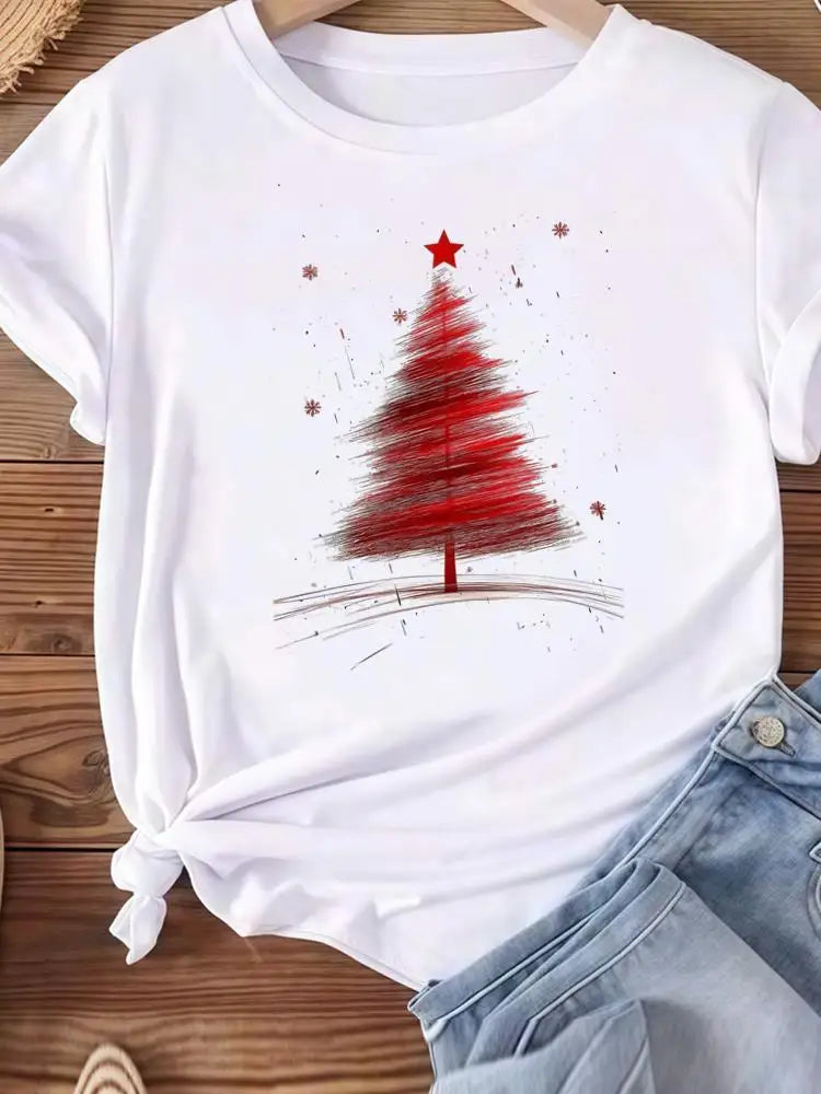Christmas Clothes Holiday Printed Fashion New Year Women T Shirts Watercolor Tree Cute Top Merry Tees Clothing Graphic T-shirts