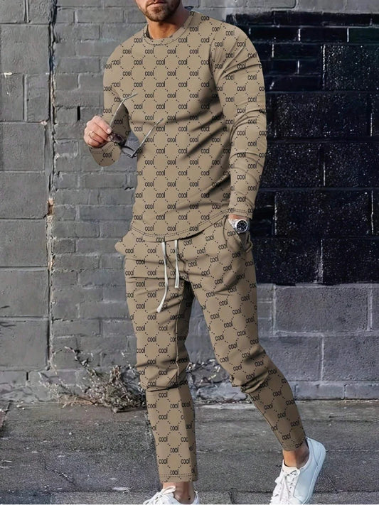 Casual Men's Short Sleeve Suit Fashion Trend CooL Letter Print Round Neck Short Sleeve and Long Pants Trendy Two Piece Set