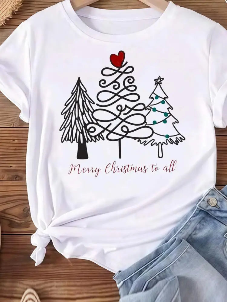 Christmas Clothes Holiday Printed Fashion New Year Women T Shirts Watercolor Tree Cute Top Merry Tees Clothing Graphic T-shirts
