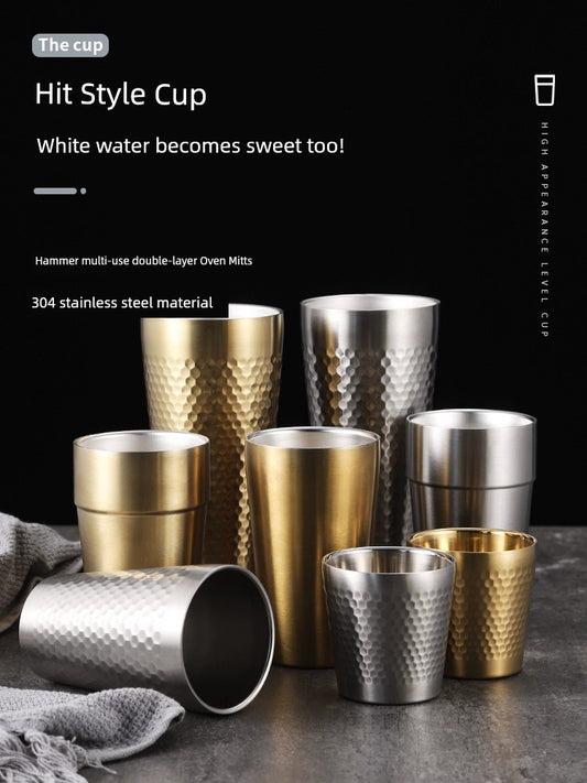 304 Stainless Steel Hammer Pattern Water Cup Double-Layer Anti-Scald Tea Cup Coffee Cup Restaurant Commercial Beer Steins Drink Cup