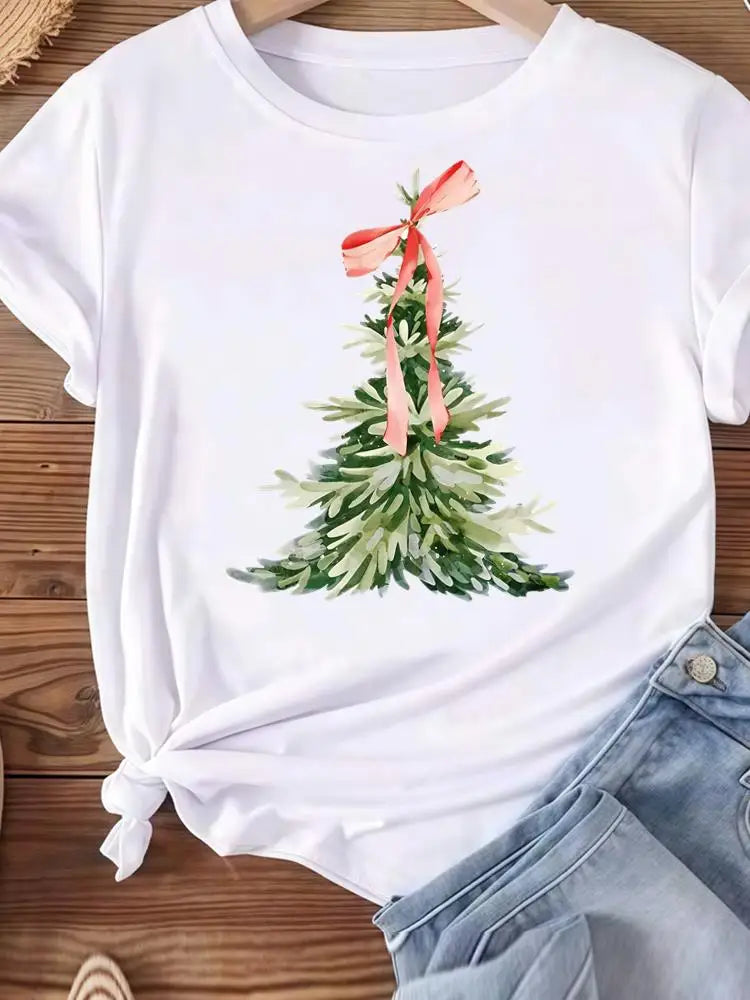 Christmas Clothes Holiday Printed Fashion New Year Women T Shirts Watercolor Tree Cute Top Merry Tees Clothing Graphic T-shirts