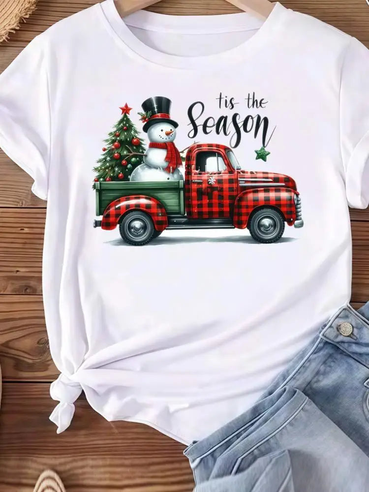 Christmas Clothes Holiday Printed Fashion New Year Women T Shirts Watercolor Tree Cute Top Merry Tees Clothing Graphic T-shirts