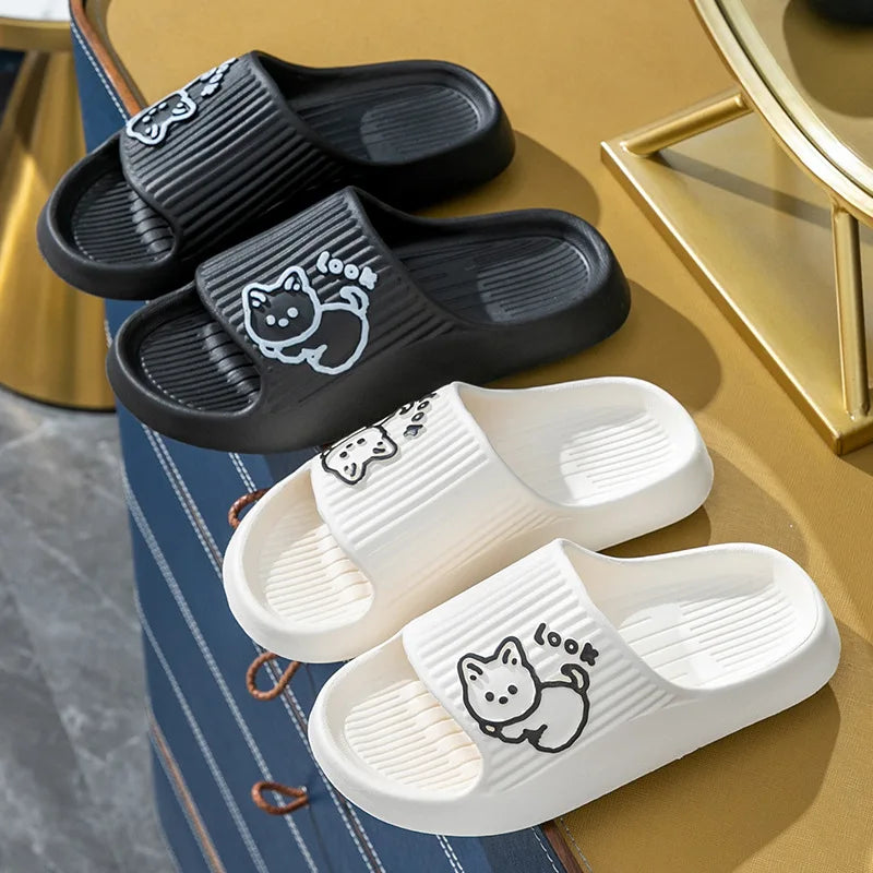 Summer Women Men's Slippers Indoor Bath Thick Platform Non-Slip Home  Flip Flops Cartoon Cat Bear Beach Sandals Ladies Shoes