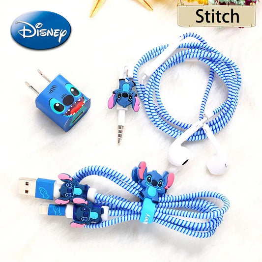 Disney Stitch Charger Cables Protector Winder Sticker Kawaii Anime Figure Data Line Head Headphone Cable Usb Storage Iphone Gift