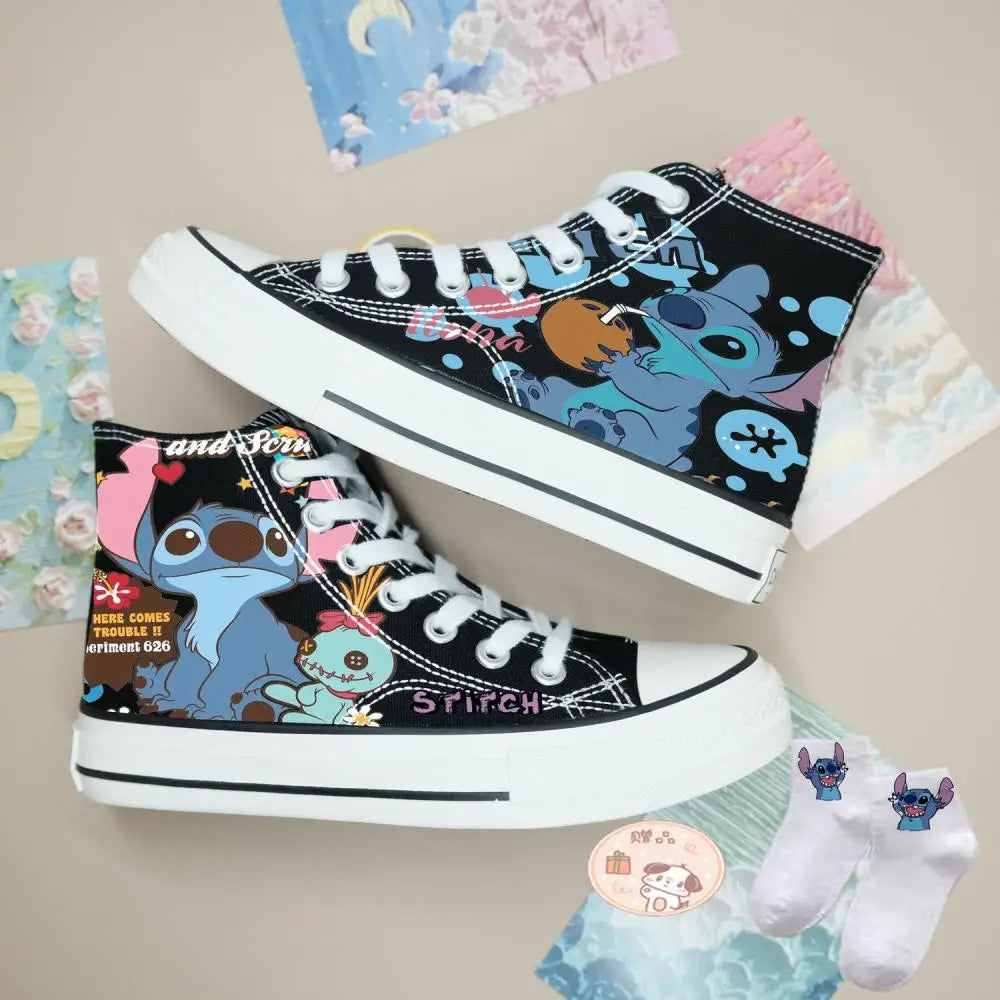 Anime Stitch Women's Casual Canvas Shoes Medium High Help Autumn and Winter Couples Sneakers Fashion Cute Sports Board Shoes