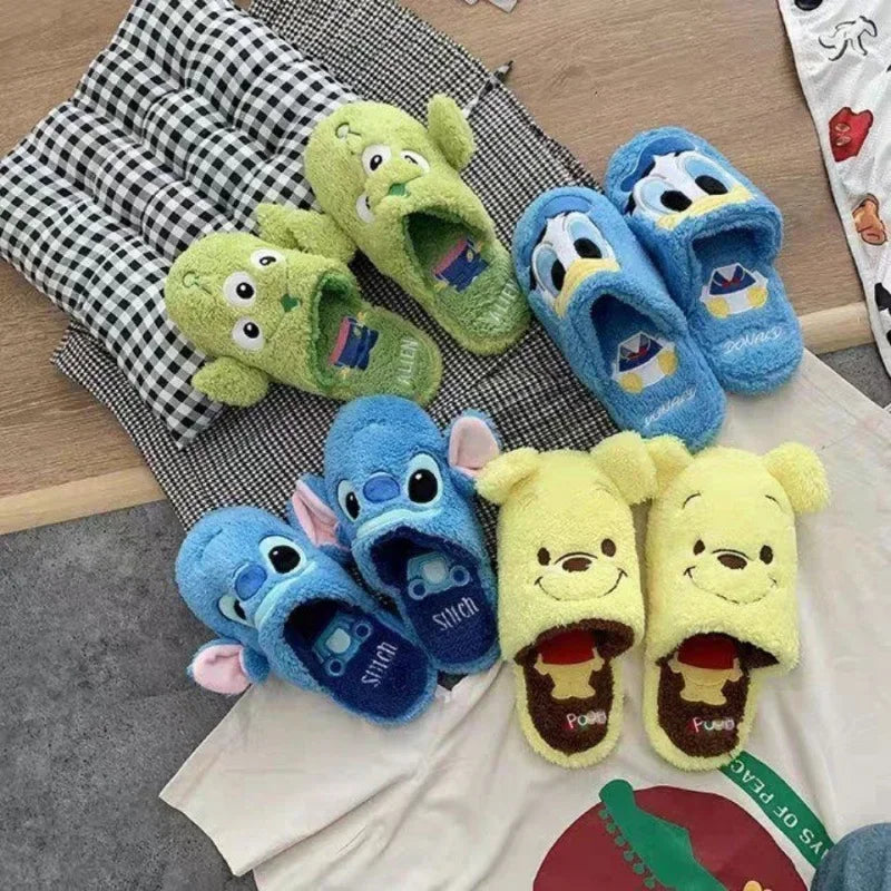 Disney Stitch Plush Slippers Men Women Winter Warm Non-slip Indoor Slippers Cartoon Fluffy Slides Home Cotton Shoes Couple Gift