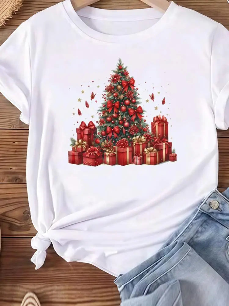 Christmas Clothes Holiday Printed Fashion New Year Women T Shirts Watercolor Tree Cute Top Merry Tees Clothing Graphic T-shirts