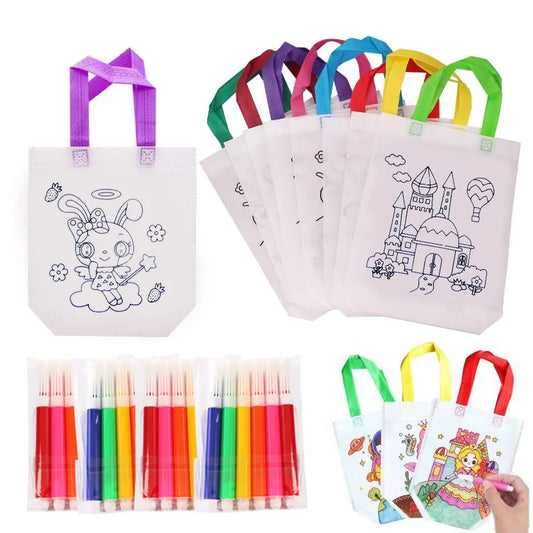 5 Sets DIY Graffiti Bag & Coloring Markers Handmade Painting Non-Woven Bag for Children Arts Crafts Color Filling Drawing Toy