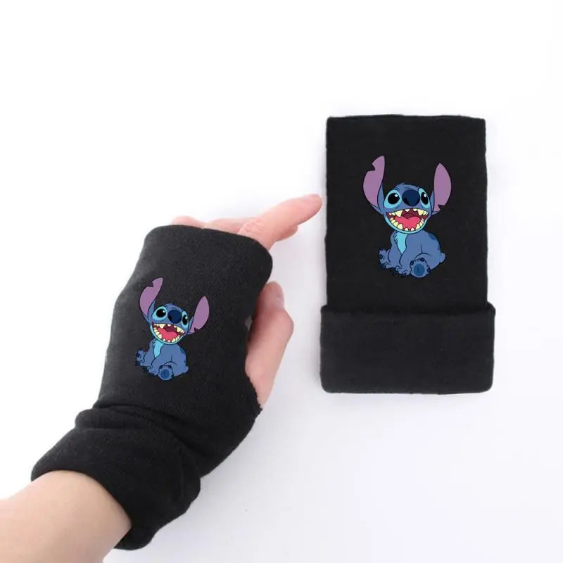 Kawaii Stitch Gloves Star Baby Anime Peripheral Half Finger Gloves Warm Printing Student Writing Boxing Boys Birthday Gift