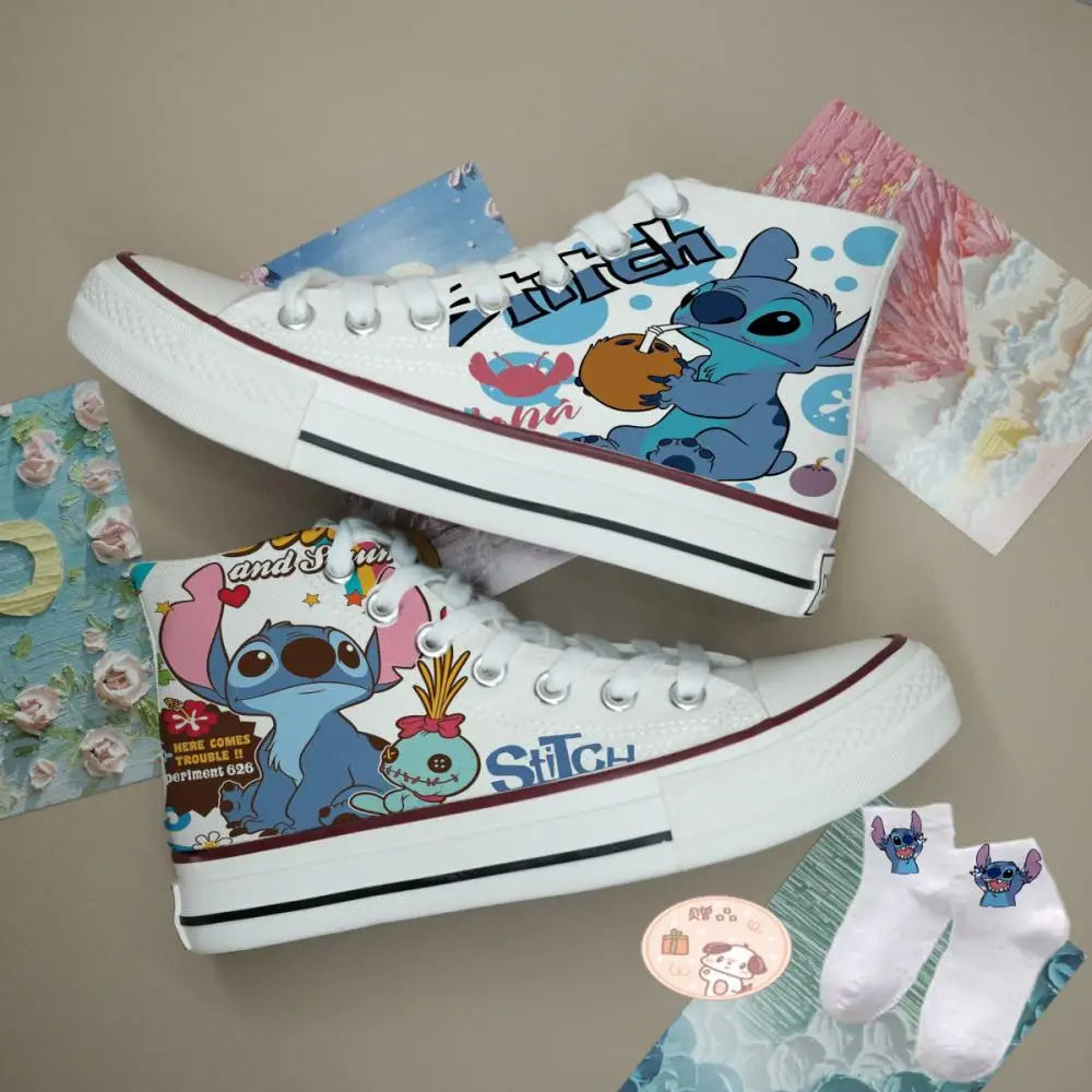 Anime Stitch Women's Casual Canvas Shoes Medium High Help Autumn and Winter Couples Sneakers Fashion Cute Sports Board Shoes